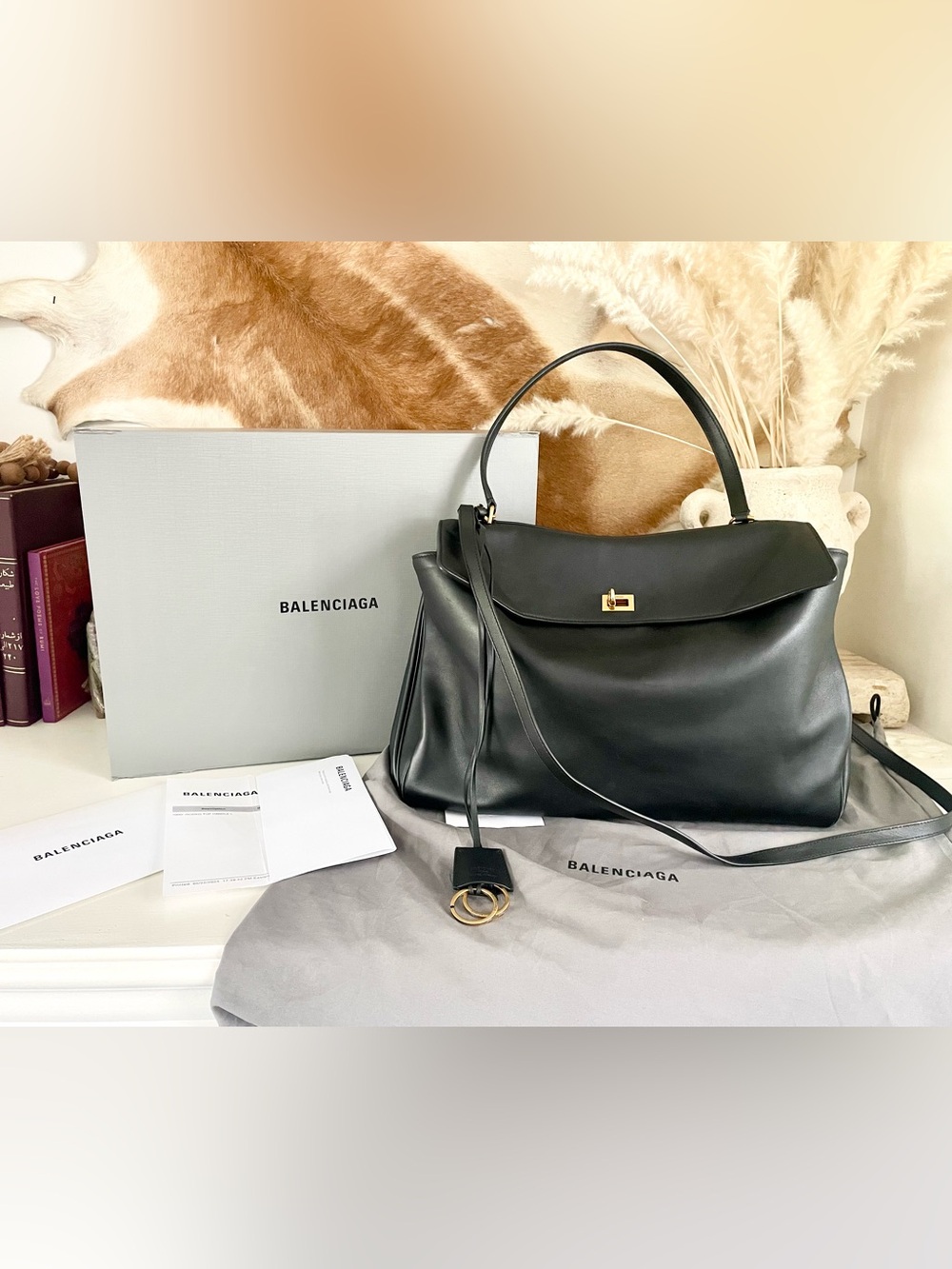 2024 BALENCIAGA | Rodeo Black Leather Slouch Top Handle Shoulder Bag LARGE